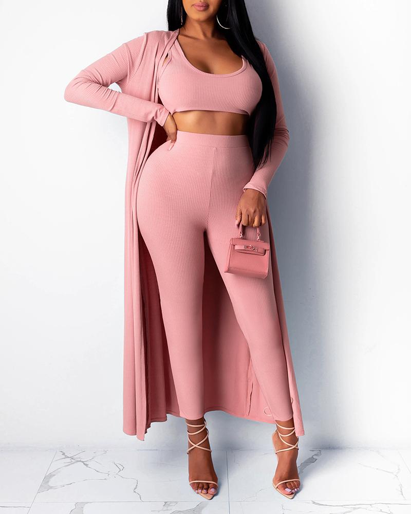 

Plain Crop Top & Longline Cardigan & High Waist Pants Set, Pink