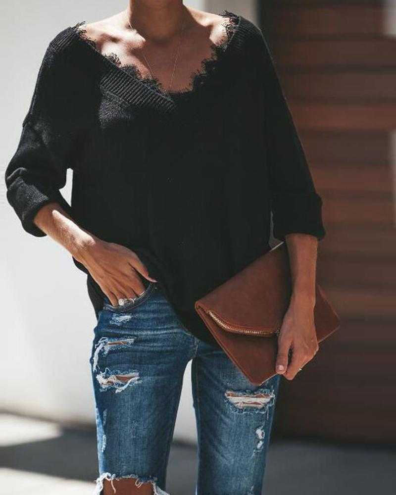 

V Neck Lace Trim Top, Black