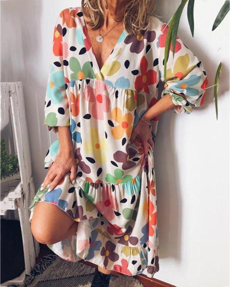 

Floral Print Colorblock Ruched Casual Dress, Orange