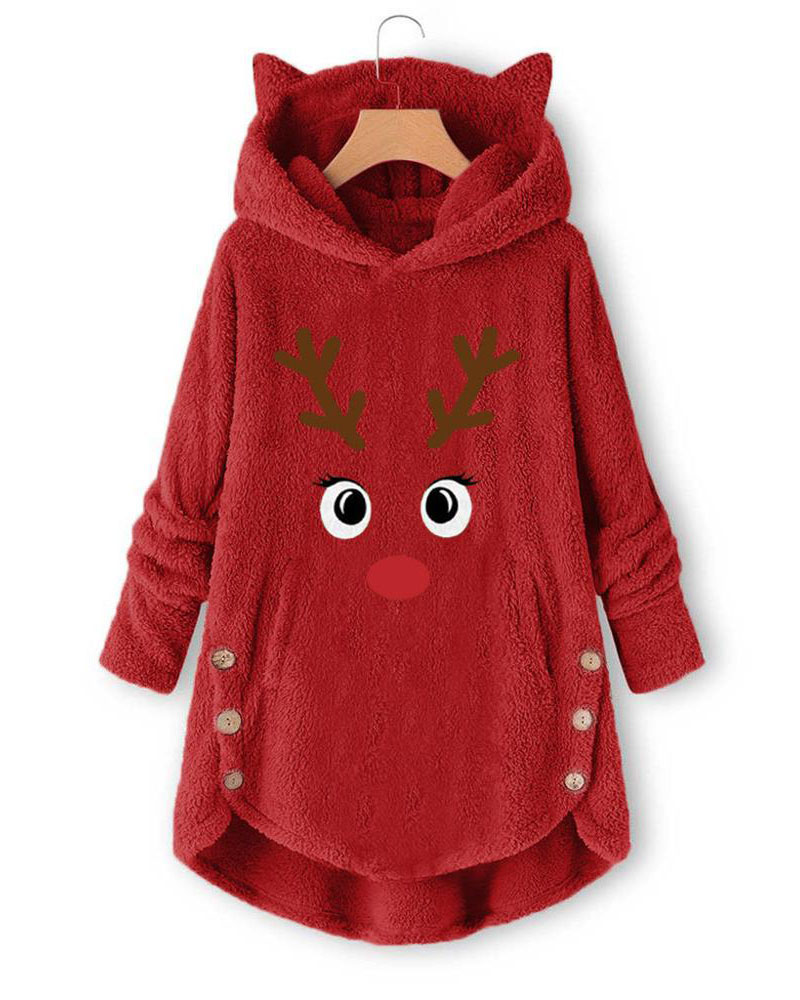 

Cartoon Print Teddy Hooded Coat, Red