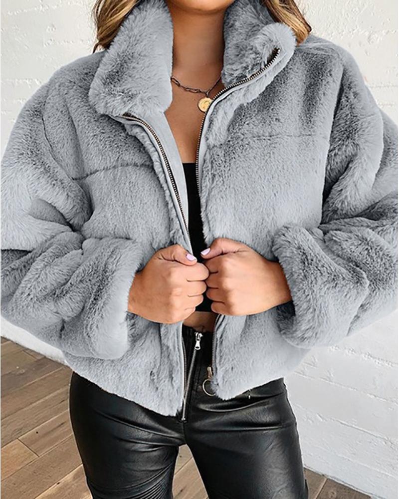 

Zipper Design Long Sleeve Teddy Coat, Gray