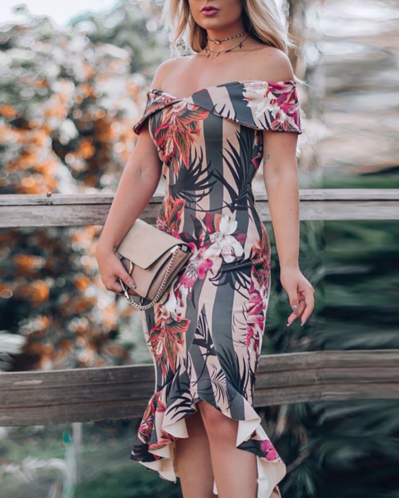 Off Shoulder Ruffle Hem Bodycon Dress