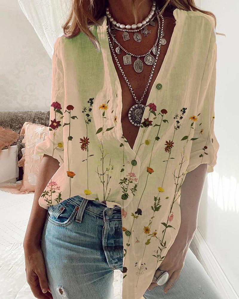 

Floral Print Button Design Long Sleeve Top, Apricot