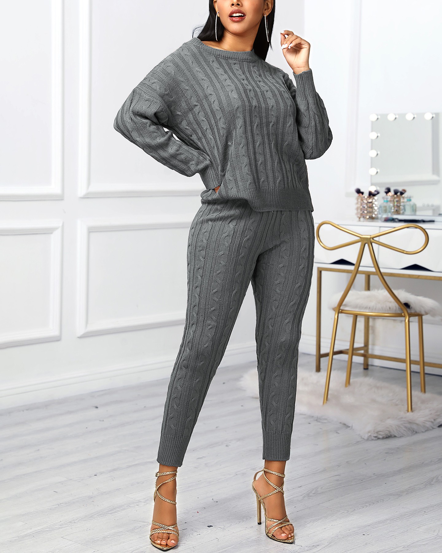 Solid Ribbed Knitting Casual Sweater & Pants Sets Online. Discover