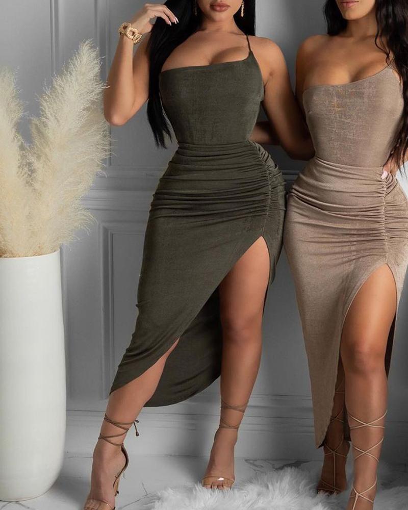 

One Shoulder High Slit Ruched Maxi Dress, Army green