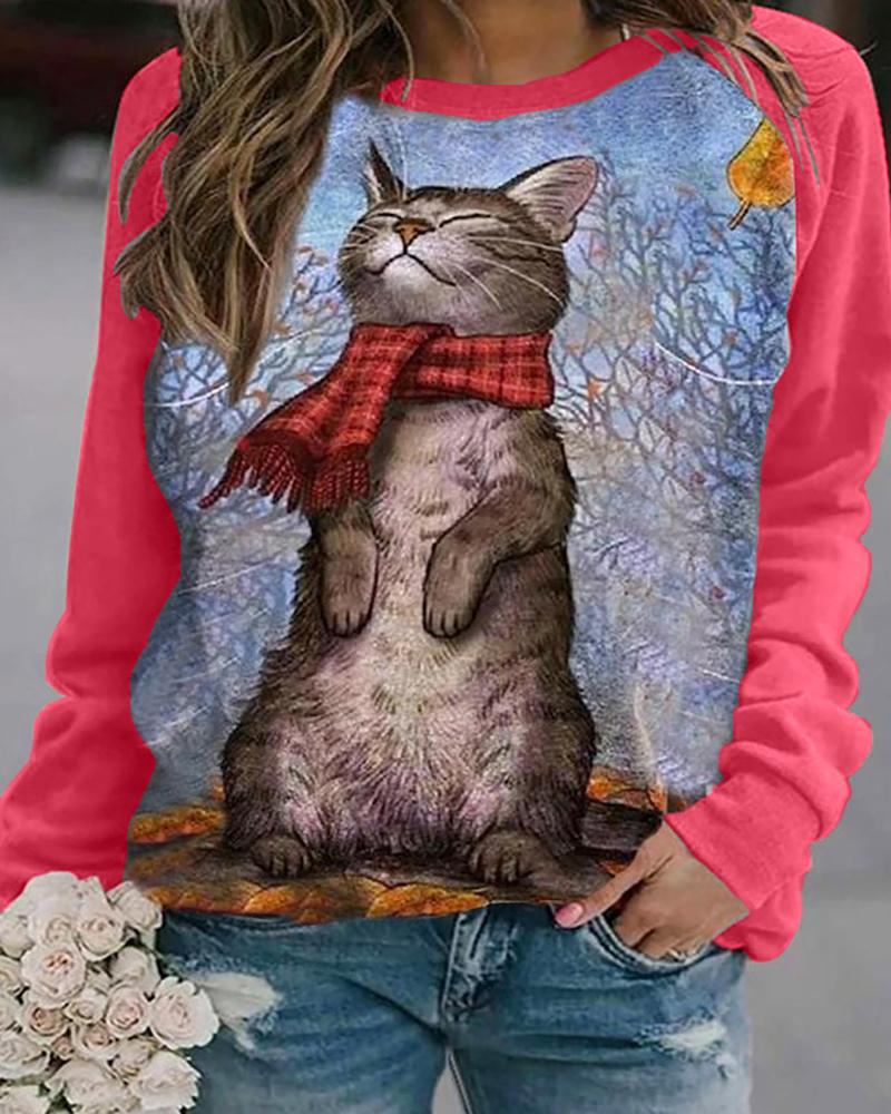 

Cat Graphic Print Long Sleeve Top, Red