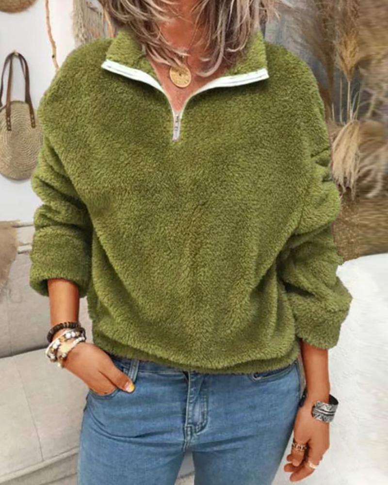 

Fleece Long Sleeve Plain Zipper Design Sweatshirt, Green
