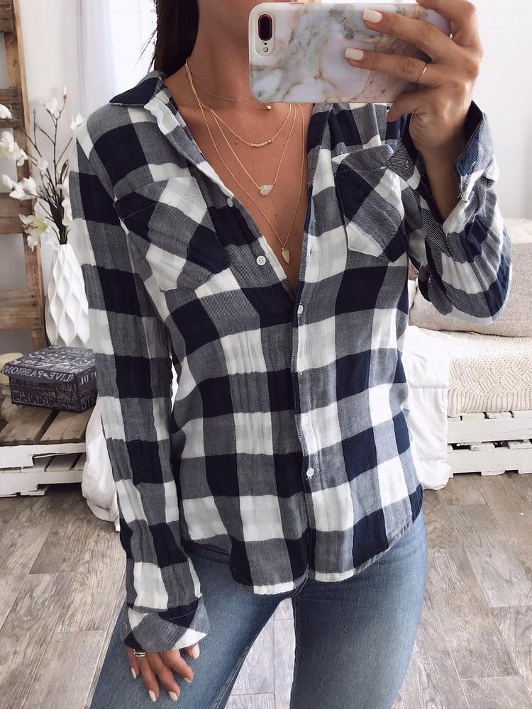 

Plaid Print Button Up Long Sleeve Blouse, Blue
