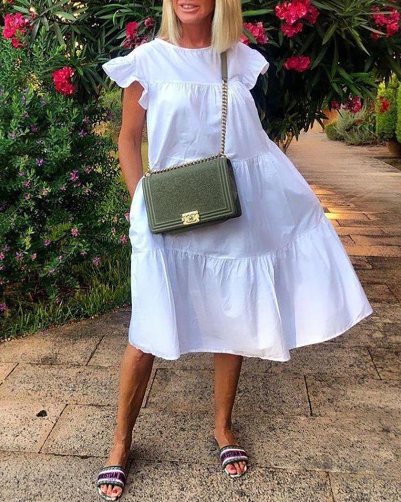 

Short Sleeve Ruffles Ruched Casual Dress, White
