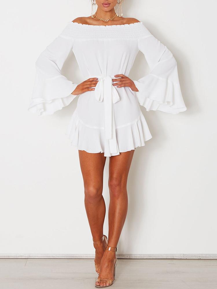 

Sexy Flare Sleeve Drop Hem Pleated Chiffon Casual Dress, White