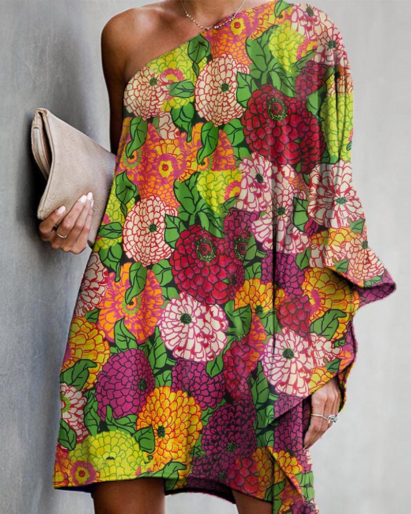 

Floral Pint One Shoulder Flared Sleeve Loose Mini Dress, Multicolor