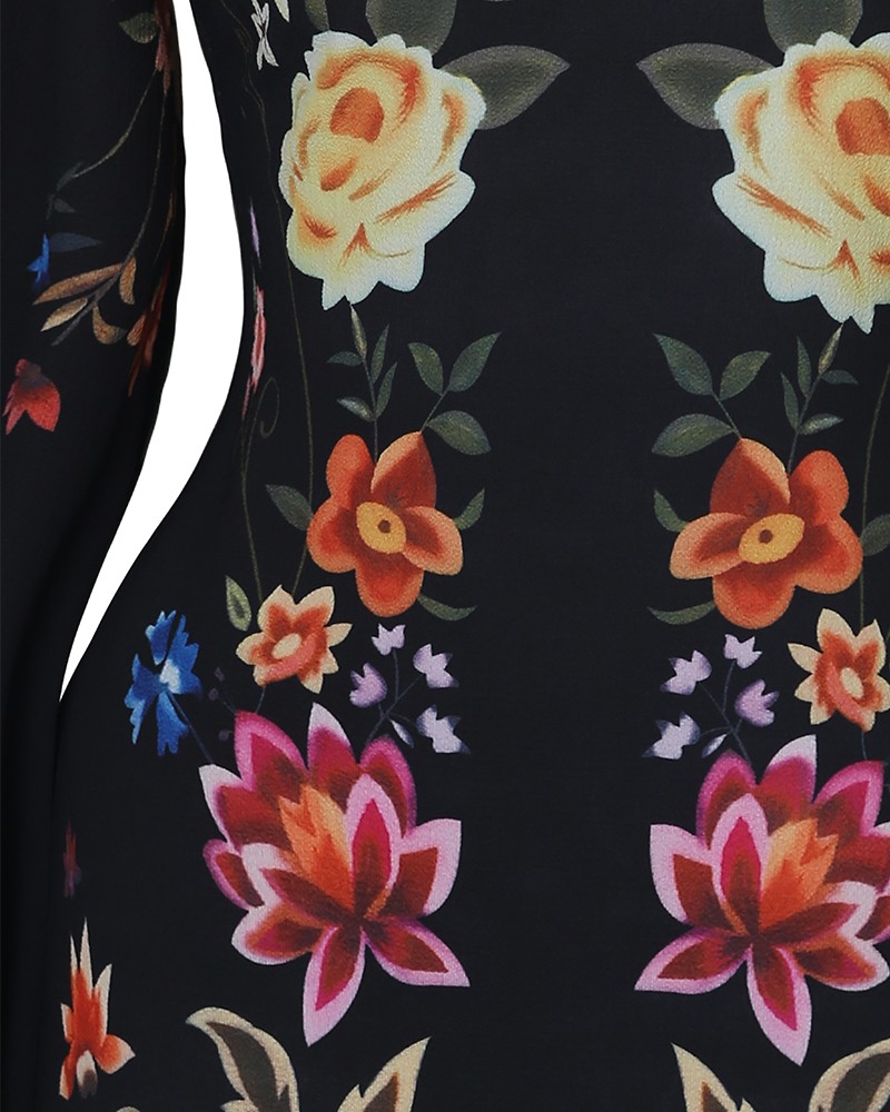 cutout back bishop sleeve floral bodycon dress