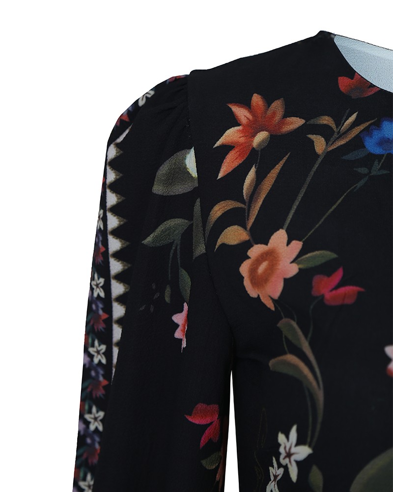 cutout back bishop sleeve floral bodycon dress