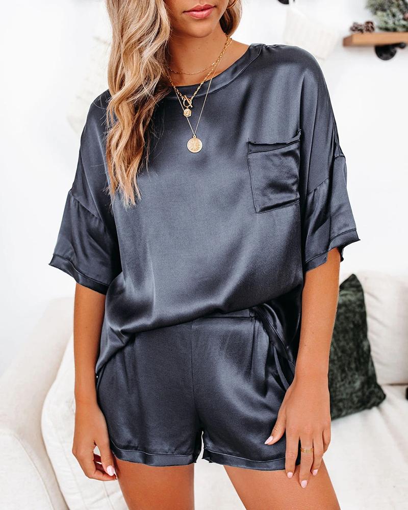 

Plain Pocket Design Top & Shorts Set, Dark blue