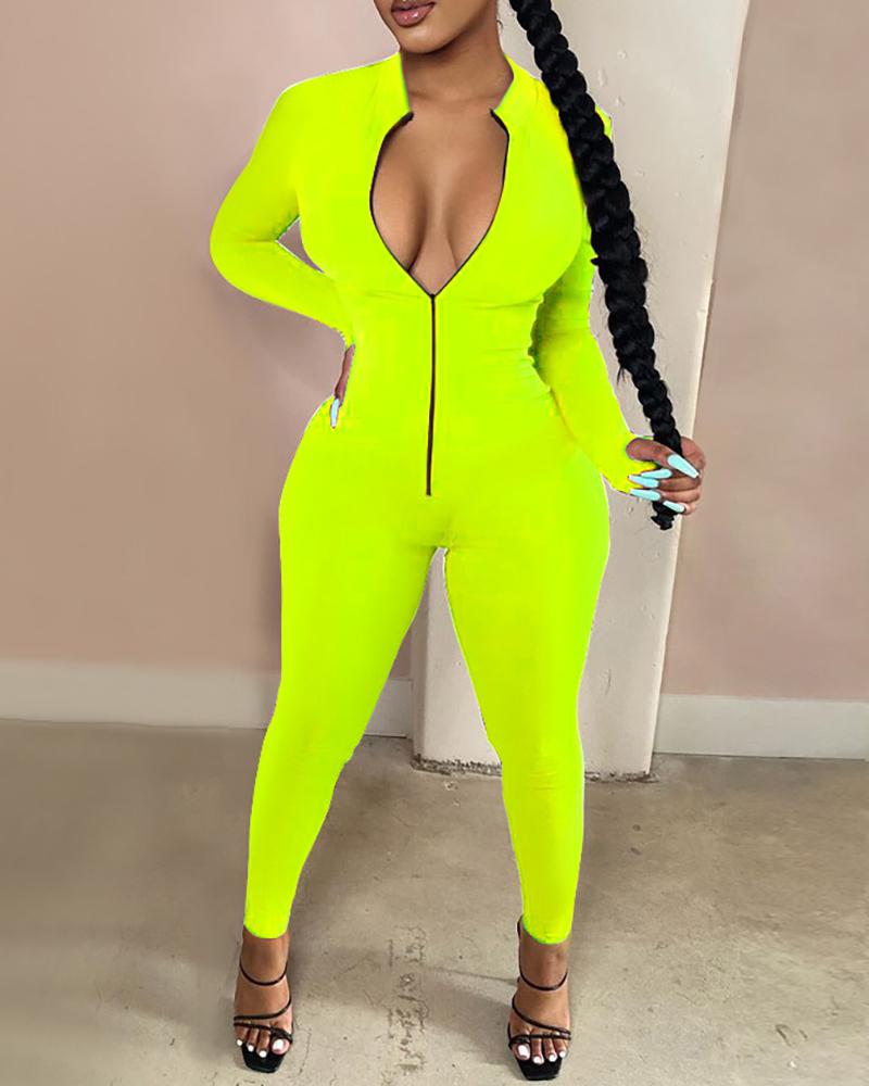 

Solid Plunge Zipper Design Jumpsuit, Green