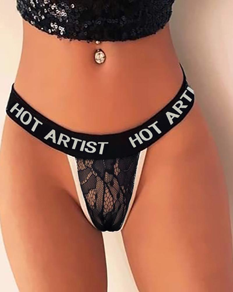 

Letter Print Eyelash Lace Panty, Black