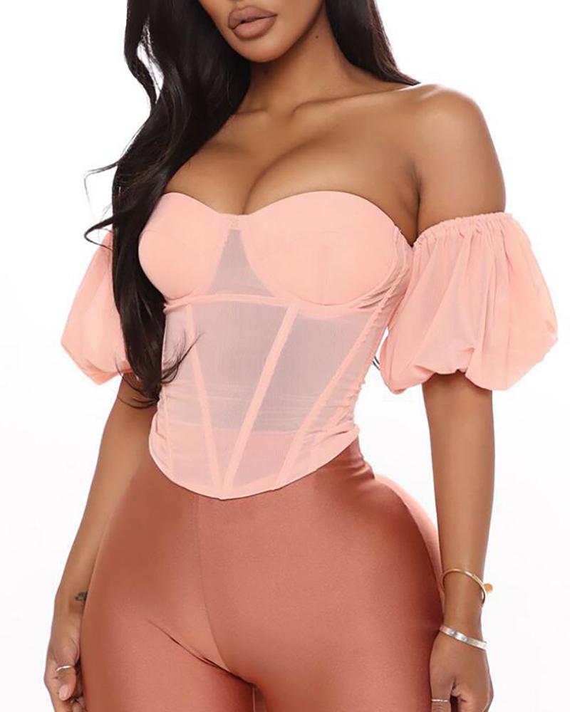 

Off Shoulder Lantern Sleeve Zip Back Corset Top, Pink
