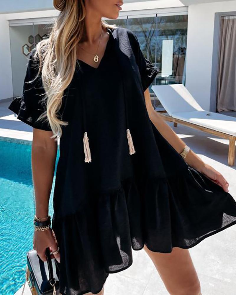 

Tassel Design Ruffles Sleeve Ruched Casual Dress, Black