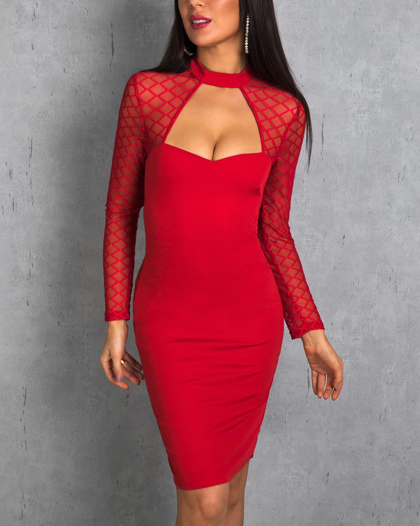 

Cutout Grid Mesh Insert Bodycon Dress, Red