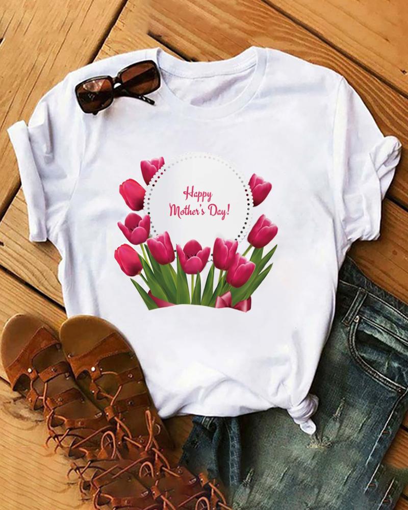 

Mother' Day Floral Print Short Sleeve Casual T-shirt, White