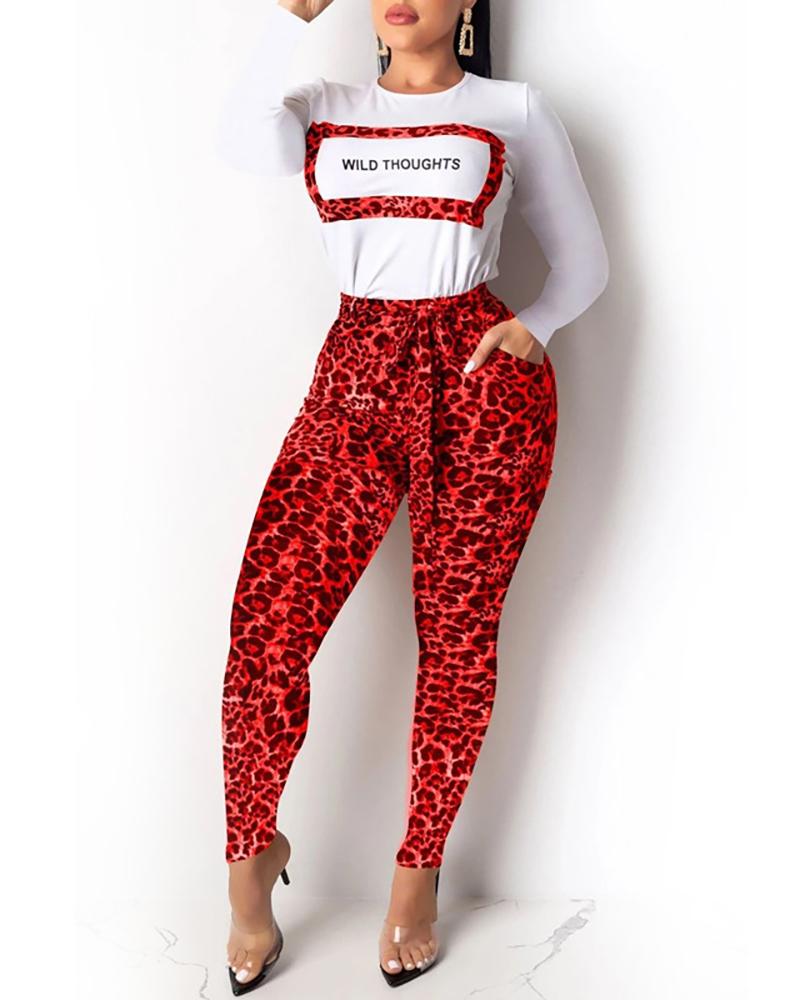 

Cheetah Letter Print Long Sleeve Top & Skinny Pants Set, Red