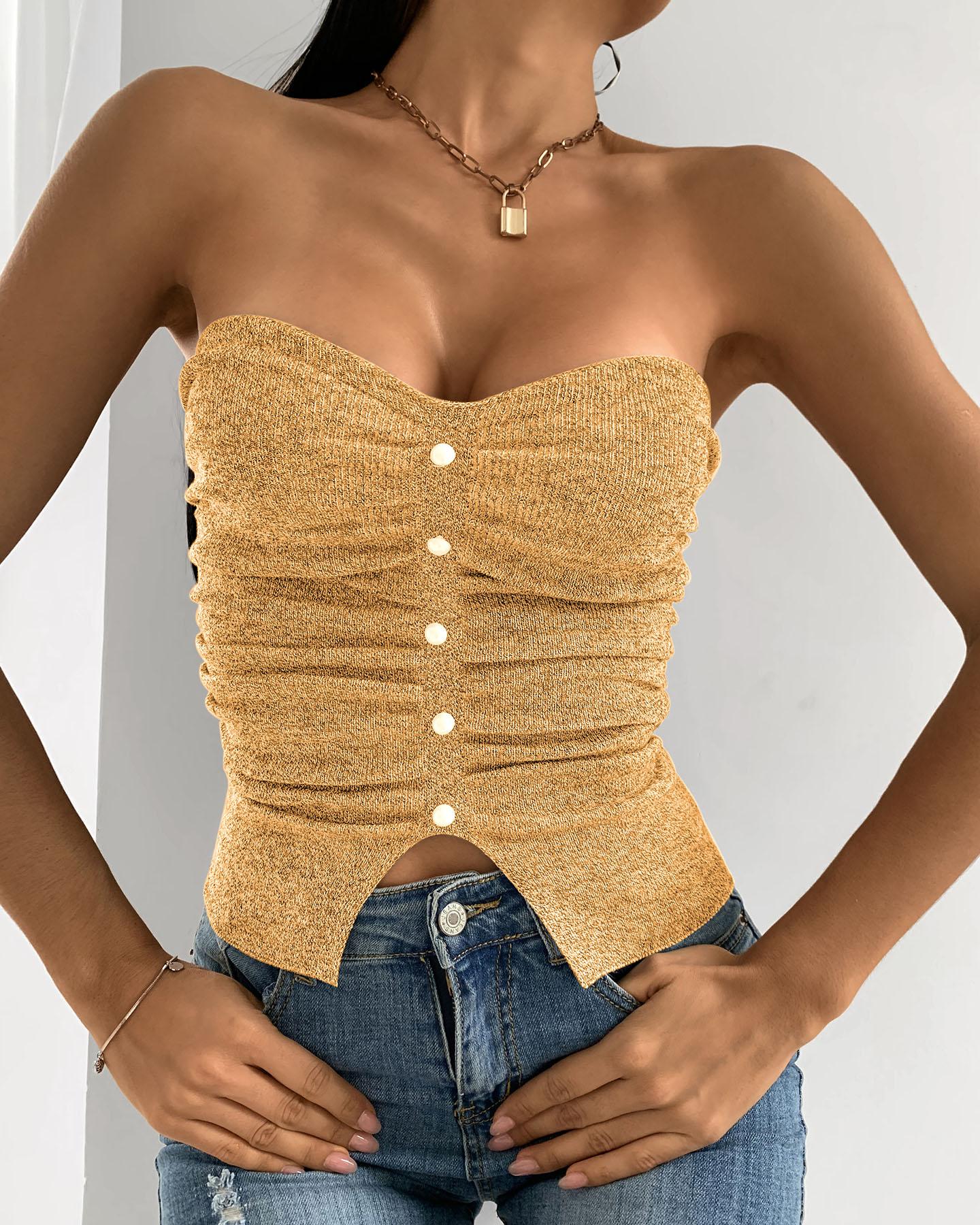 

Bandeau Buttoned Design Ruched Crop Top, Yellow