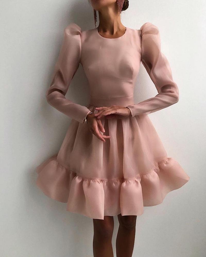 

Puffed Sleeve Ruffles Hem Evening Dress, Pink