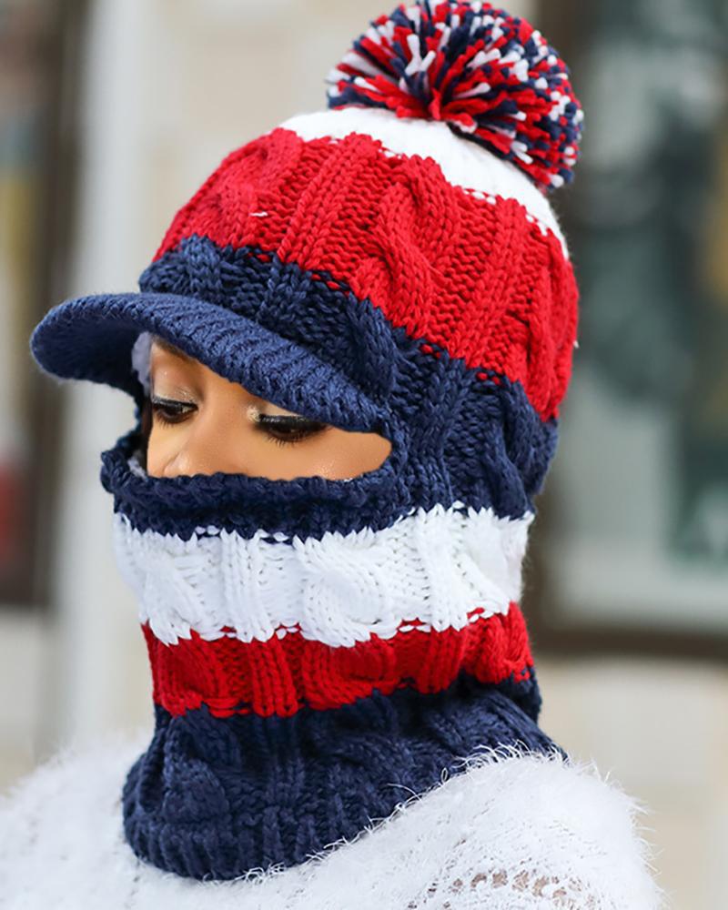 

2 In 1 Pom Pom Colorblock Knit Beanie, Dark blue