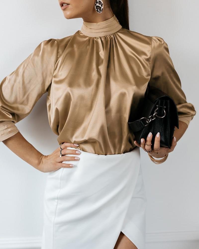 

Satin Design Ruched High Neck Blouse, Brown