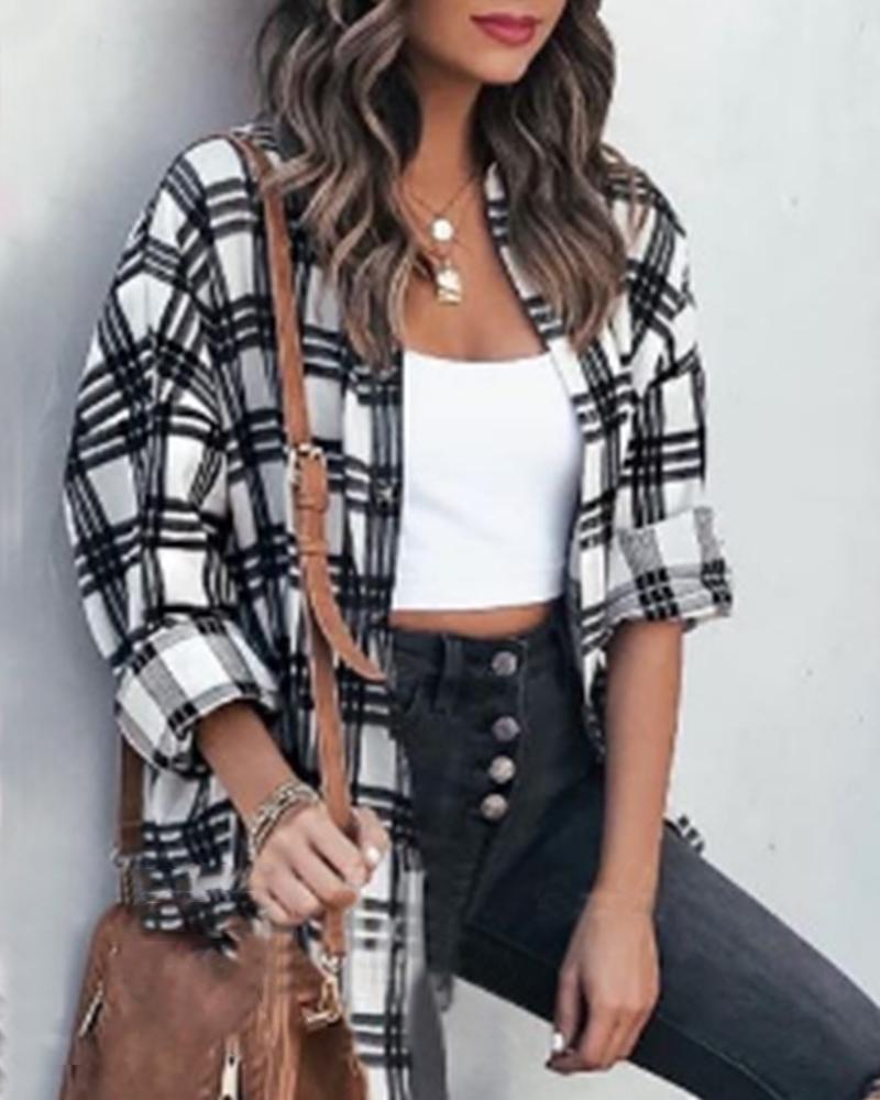 

Plaid Long Sleeve Button-up Overshirt Coats Blouse, Black&white
