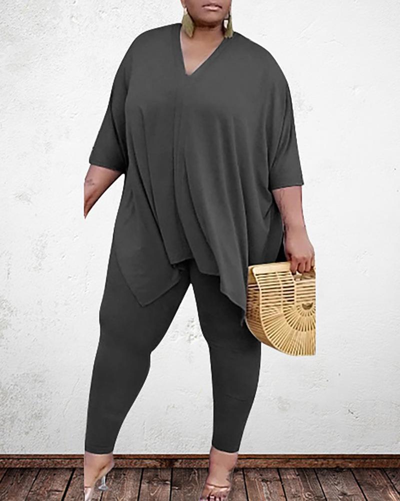 

Plus Size Plain Side Slit Top & High Waist Pants Set, Dark grey
