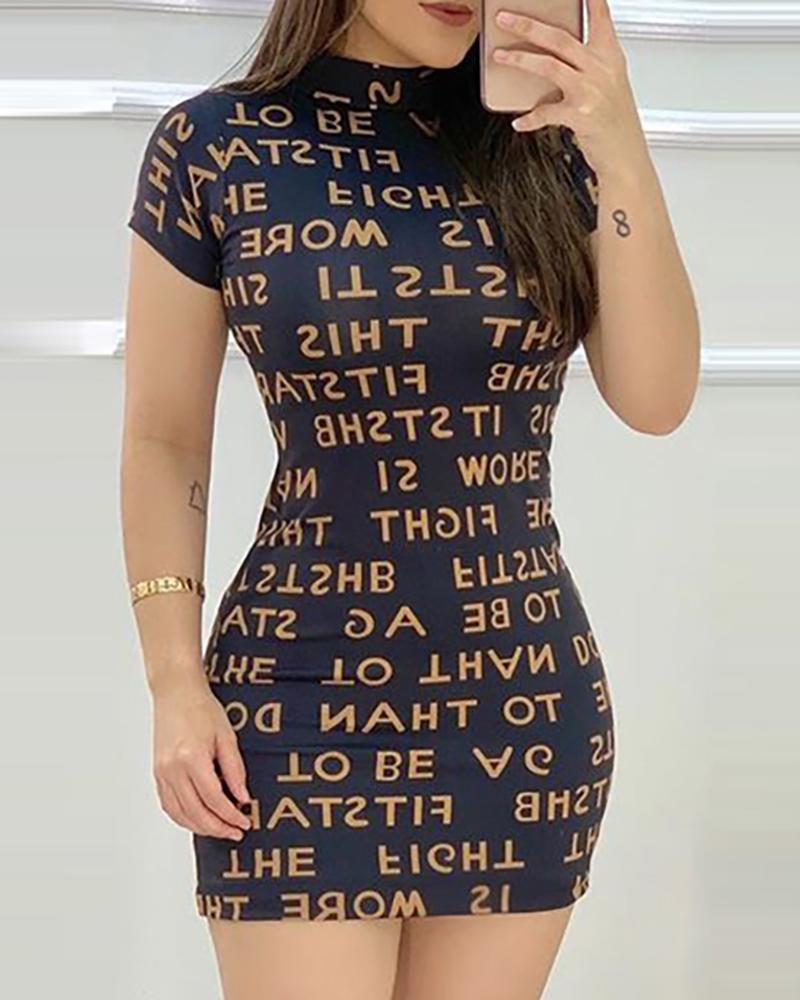 

Letter Print Short Sleeve Bodycon Dress, Black