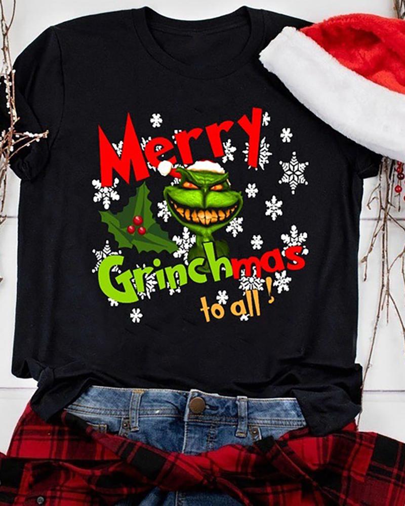 

Christmas Cartoon Letter Print T-shirt, Black