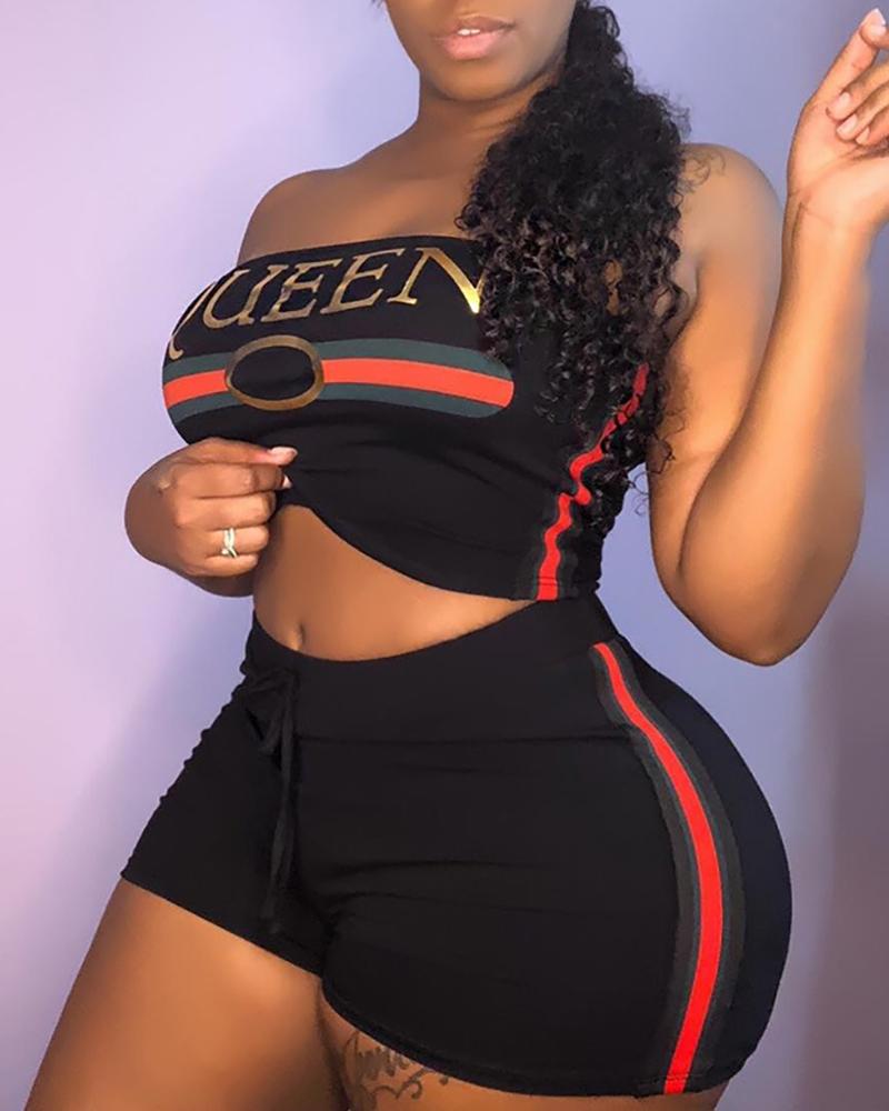 

Letter Pattern Tube Top & Shorts Sets, Black