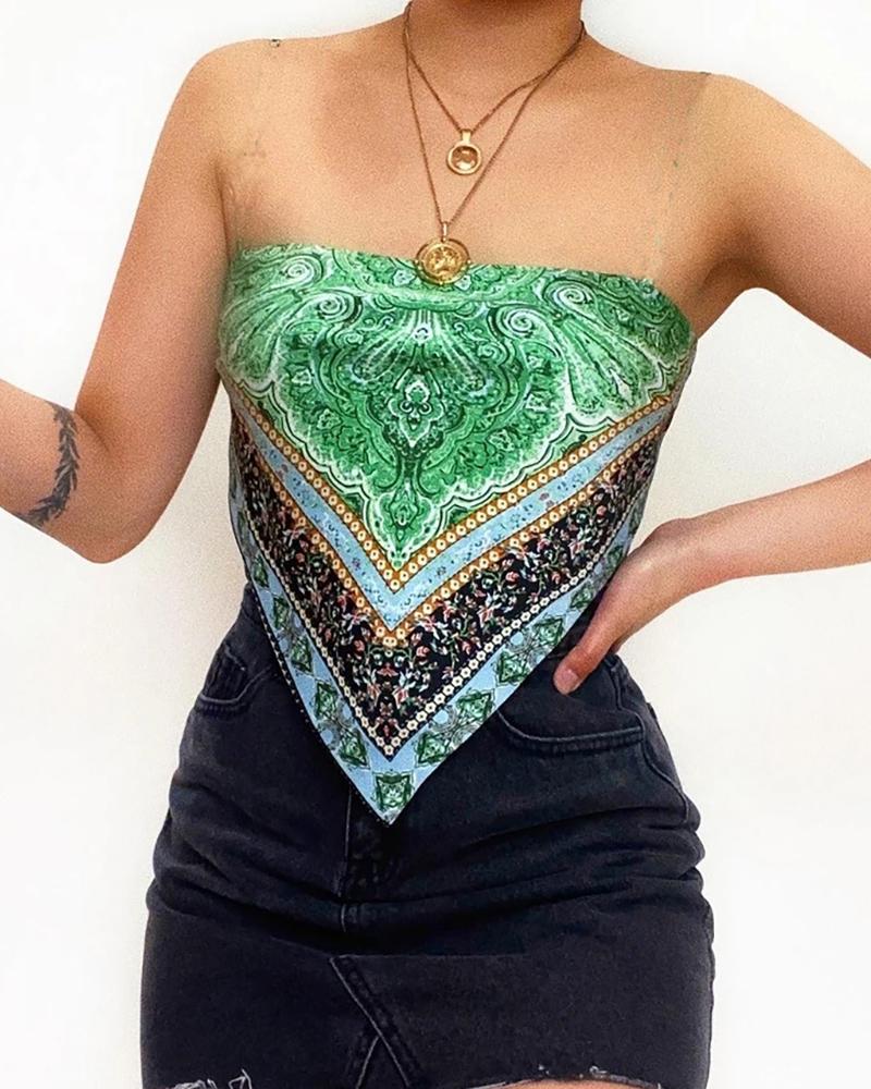 

Off Shoulder Scarf Print Handkerchief Top, Green