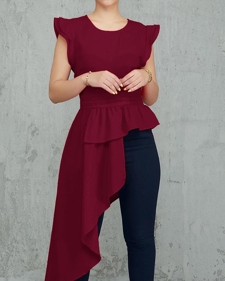 

Flutter Sleeve Irregular Flounced Hem Blouse, Wine red