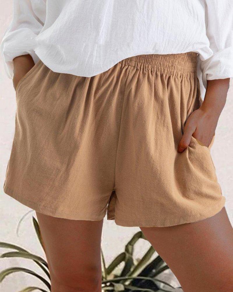

High Waist Linen Blend Shorts, Khaki