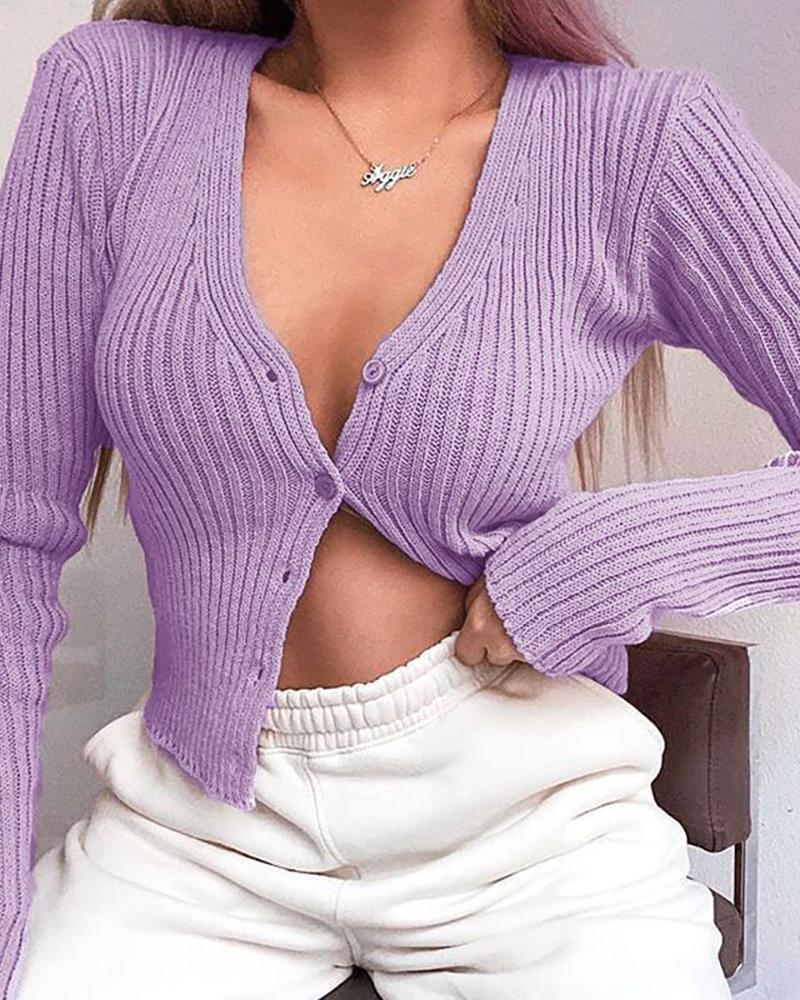 

Solid Button Design Knitted Sweater, Purple