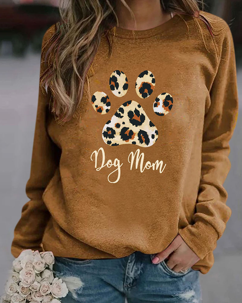 

Paw Leopard Letter Print Long Sleeve Casual Sweatshirt, Brown