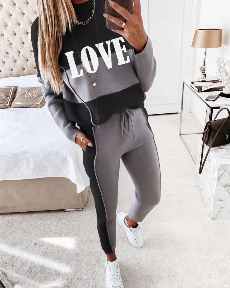 

Letter Print Colorblock Top & Drawstring Pants Set, Gray