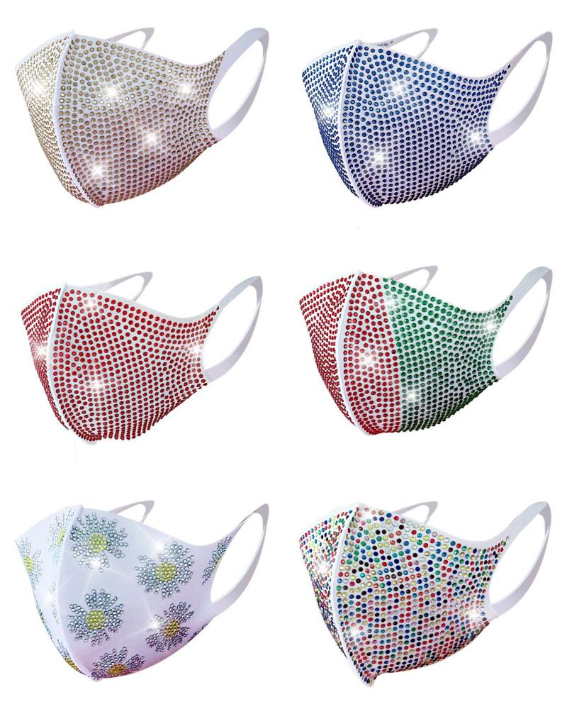 

Daisy Pattern Colorblock Bling Rhinestone Face Mask, Green