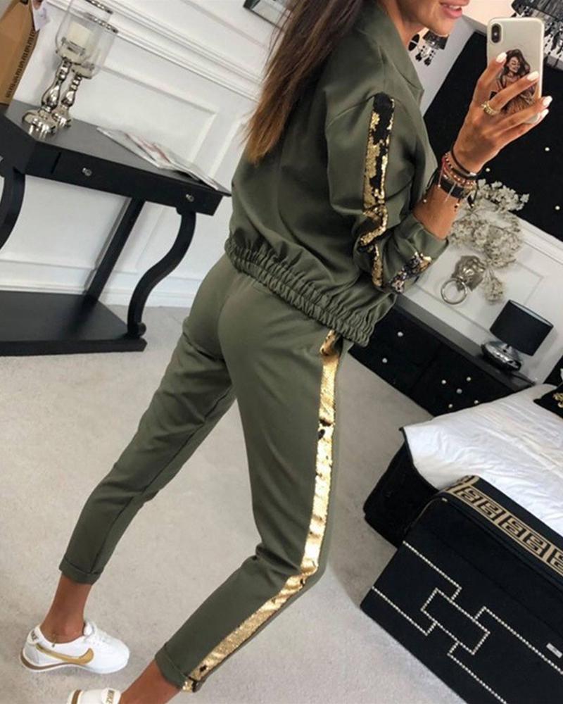 

Stitching Sequins Long Sleeve Suit Sets, Green