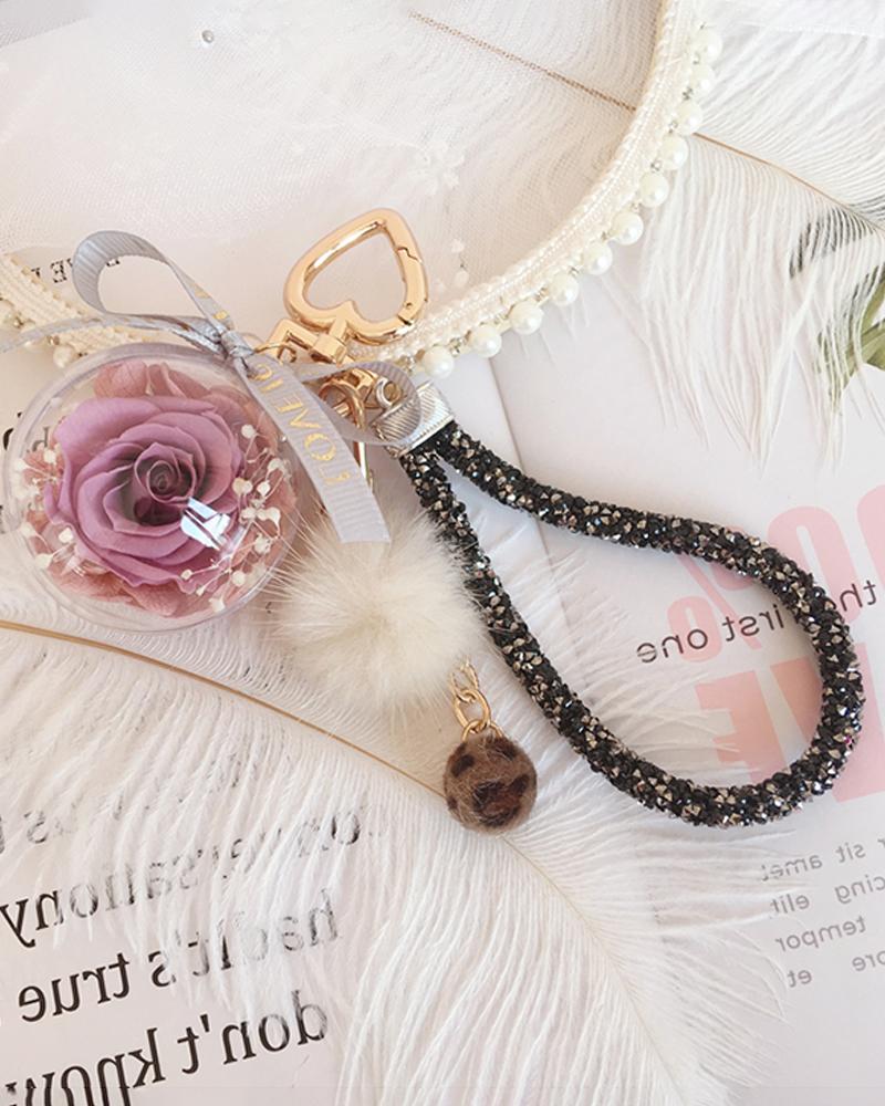 

Pom Pom Transparent Ball Eternal Rose Keychain, Purple