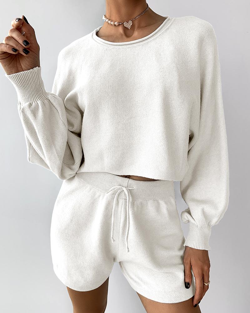

Lantern Sleeve Casual Top & Drawstring Shorts Set, White