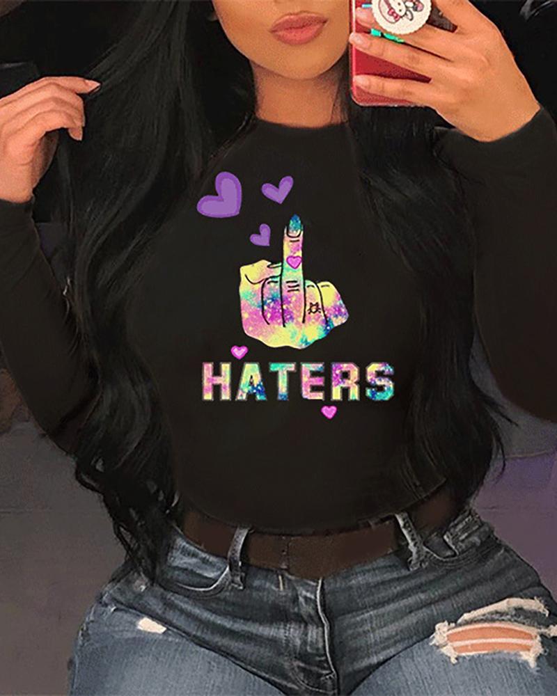 

Letter / Heart /Slogan Print Long Sleeve Casual T-shirt, Black