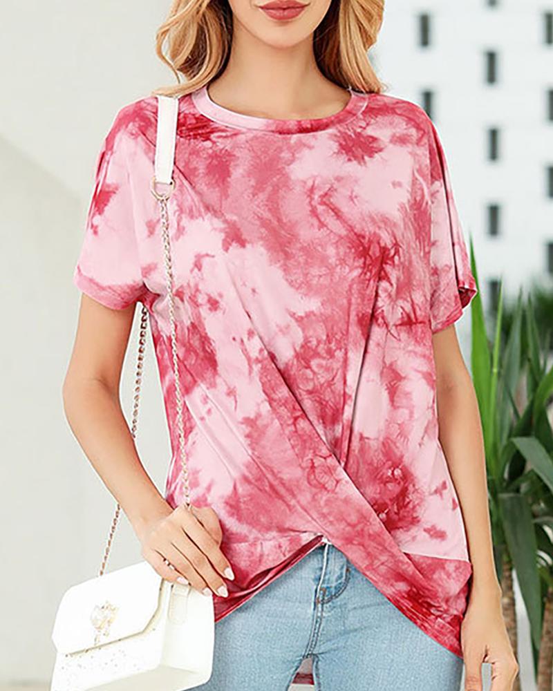 

Tie Dye Print Twisted T-shirt, Pink