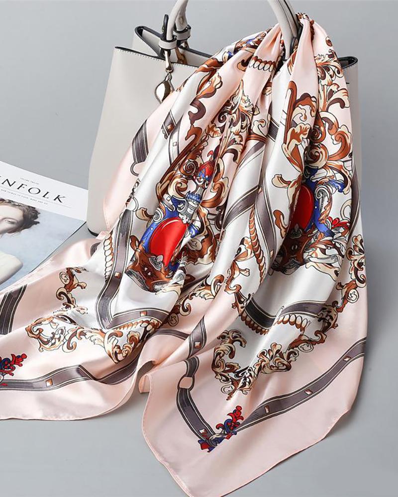 

Chain Graphic / Plaid / Floral Print Satin Square Silk Scarf, Pink