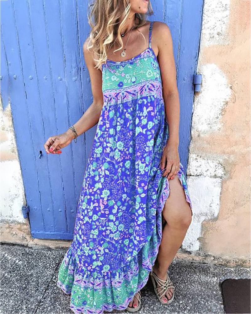 

Spaghetti Strap Print Maxi Dress, Dark blue