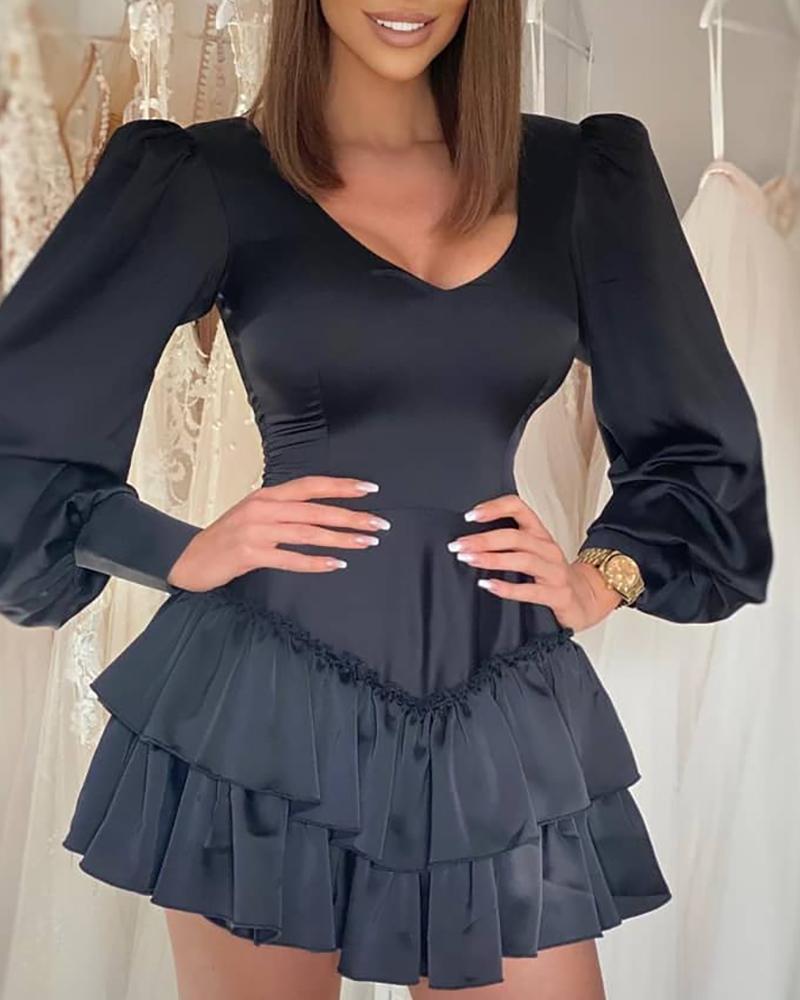 

Plain Puff Sleeve Ruffle Hem Dress, Black