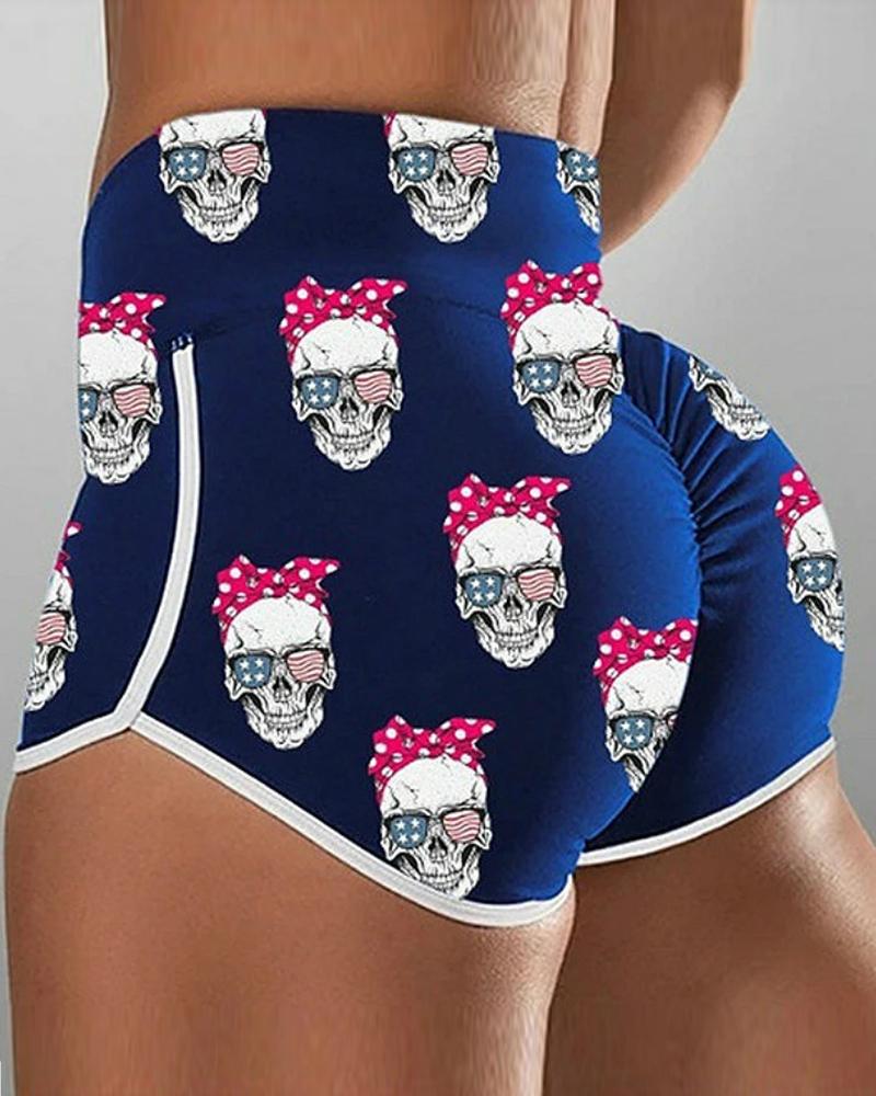 

Bowknot Skeleton Patterns Print Slit High Waist Shorts, Blue